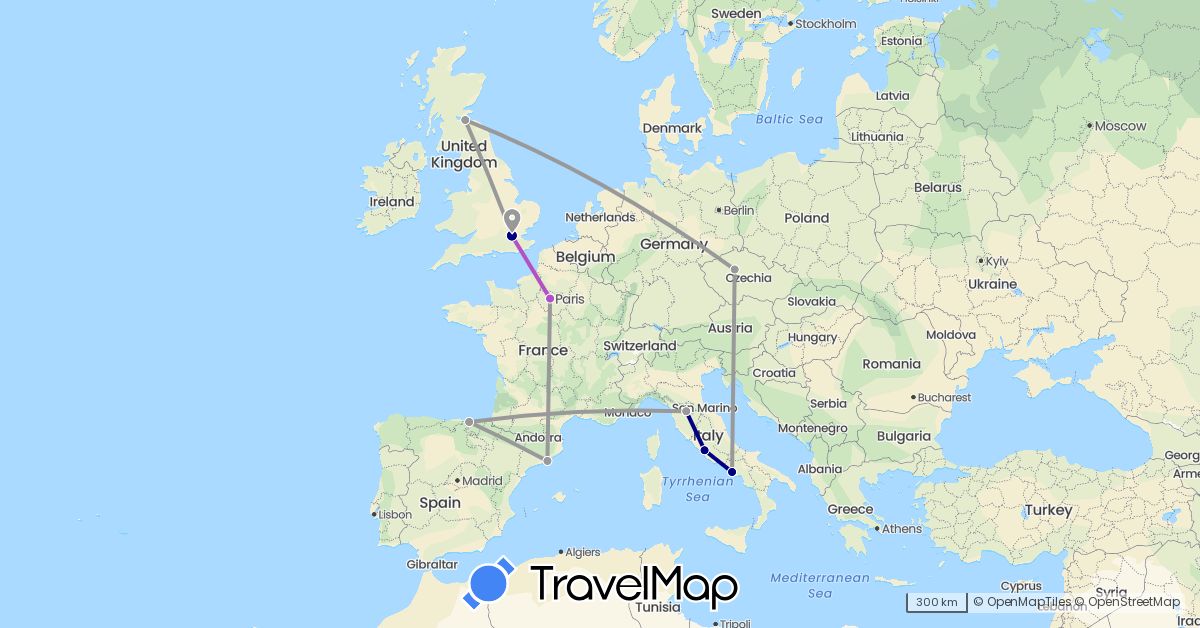 TravelMap itinerary: driving, plane, train in Czech Republic, Spain, France, United Kingdom, Italy, Vatican City (Europe)